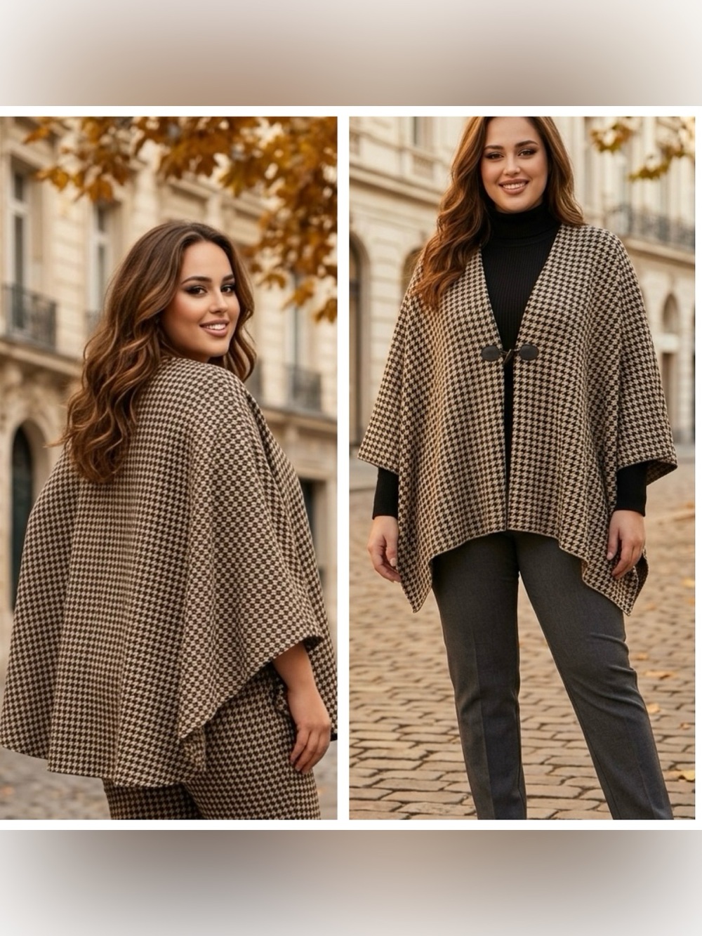 Nina Leonard Wm Sz XL black/tan houndstooth knit cape poncho faux Leather toggle
